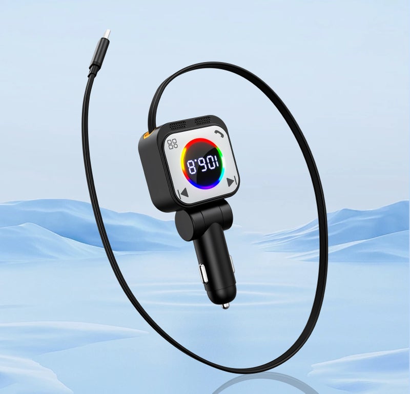 Bluejw 30W Car Charger Cigarette Lighter Adapter with RGB Light Ring & Retractable 45W Type-C Cable, Bluetooth Compatible Automobile Charger - Image 1